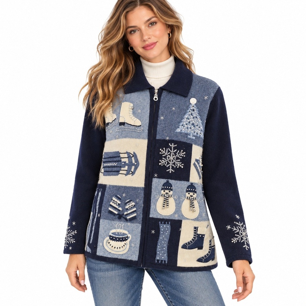 Vintage Jones New York Sport Lambswool Sweater L Blue Winter Snowman Christmas